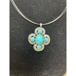 NY Turquoise stone Silver Necklace and turquoise stone leather Bracelet SKU 9687 thumbnail 2