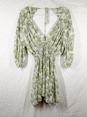 Misa Green White Seven Floral Deep V Puff‎ Sleeve Mini Dress thumbnail 3