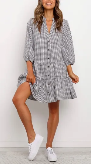 Petal + Pup Shirt Dress Women S/M Peach Gingham‎ Cottagecore Tiered Mini Button thumbnail 1