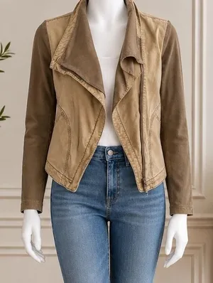 Marrakech Women Moto Jacket Tan Brown Mixed Media Asymmetrical Zip Size Medium thumbnail 1