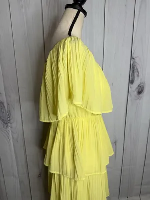 She + Sky Sz M Yellow Lined Chiffon Pleated Tiered Ruffle Midi Dress Sleeveless thumbnail 4