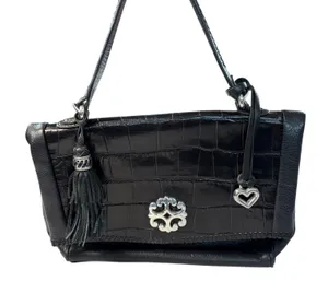 Brighton black leather handbag. 2 pockets with charm, tassel, woven handle thumbnail 1