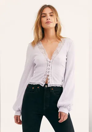 Free People Run With Me Lace Trim Cardigan in Lilac Size M thumbnail 1