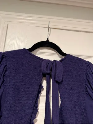 NWOT Free People Size S Blue Smocked Puff Sleeve Open Tie Back Babydoll Top thumbnail 5
