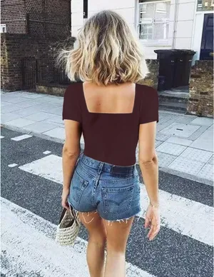 Square Neck Short Sleeve Thong Bodysuit - Wine 🍷 (Color) thumbnail 2