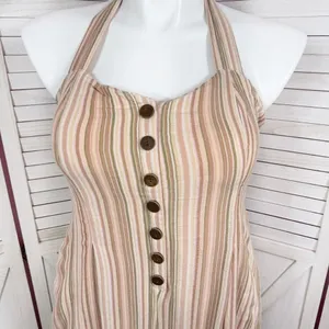 American Eagle Boho Striped Gauze Wide Leg Smocked Jumpsuit‎ Beige Large thumbnail 7