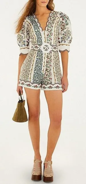 Farm Rio Fruit Beauty Off-White Linen Belted Romper Size M NWT $248 thumbnail 1