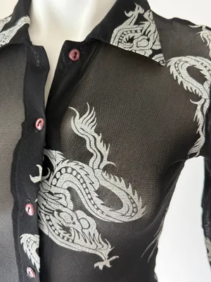 Vintage Dragon Print Button Up Mesh Top Black thumbnail 2
