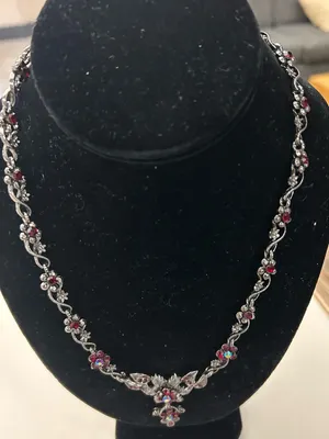 Jewelry Floral Garnet-Tone Crystal Necklace in Dark Silver Finish thumbnail 2