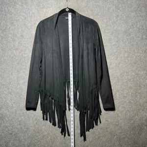Rock & Republic Black Faux Suede Fringe Open Front Cardigan Jacket XS Waterfall thumbnail 3