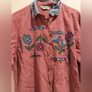 Vintage Victoria Jones Embroidered Gingham Shirt 18W Denim Collar Floral Western thumbnail 3