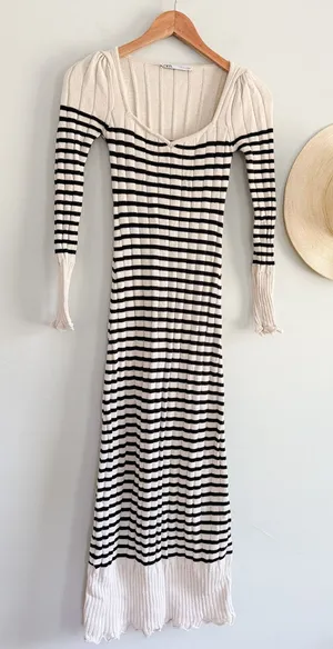 Zara | Striped Ribbed Knit Midi Dress Scalloped‎ Hem| Sz XS thumbnail 1