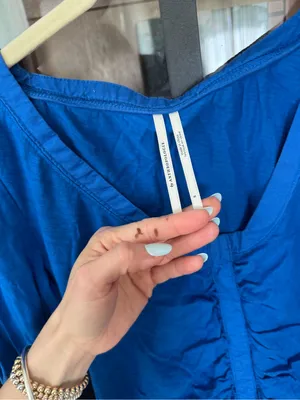 By Anthropologie Long Sleeve Ruched Top vneck cobalt royak blue crop tee thumbnail 2
