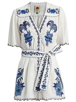 Farm Rio Embroidered Linen Romper Size XS thumbnail 1