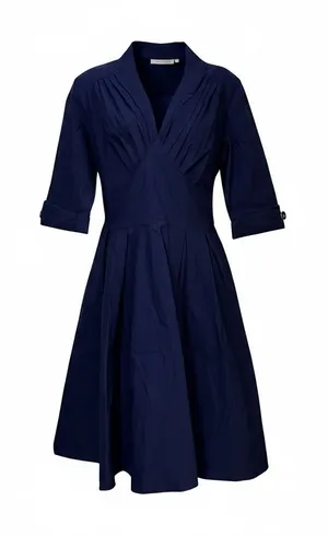 Miusol Womens Navy Blue V-Neck Pleated Fit‎ and Flare Midi Dress Size L NEW thumbnail 1