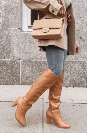 Tan Vegan Leather Heeled Stovepipe Boots thumbnail 1
