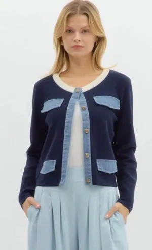 Entro Navy Knit Cardigan Jacket with Light Denim Trim Size Small Women's thumbnail 1
