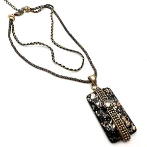 Chico’s multi-strand gold & black marbled‎ pendant statement necklace layered thumbnail 2