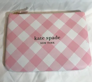 KATE SPADE New York Pink & White Argyle Zip Pouch Clutch Cosmetic Bag 10.5” thumbnail 1