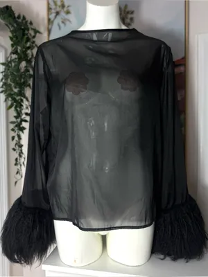 Shein Black Sheer Mesh Faux Fur Cuff Long Sleeve Blouse Keyhole Back Size XL 12 thumbnail 2