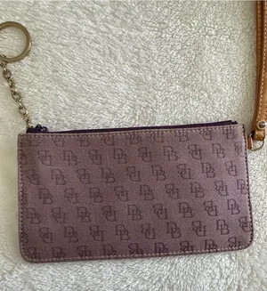 Dooney & Bourke Monogram Wristlet Pouch Purple Tan Coated Canvas Zip Clutch thumbnail 1
