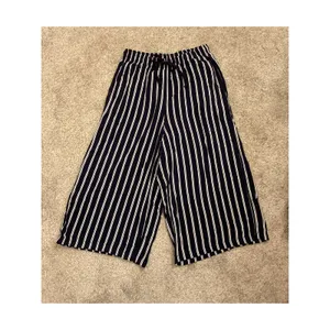 Uniqlo Navy White Striped Cropped Wide Leg Pants Drawstring Elastic Waist, M thumbnail 2