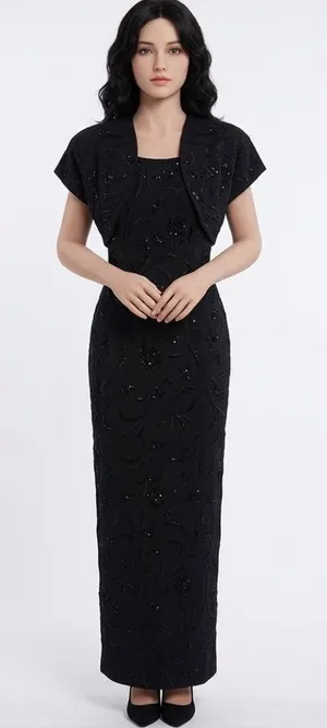 CARMEN MARC VALVO Black Beaded Evening Gown & Bolero Jacket Size 6 thumbnail 1