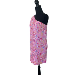 Something Navy Pink Floral Mini Dress MEDIUM One Shoulder Linen Shift Party $165 thumbnail 8