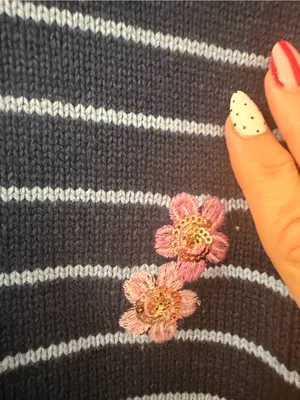 Joseph Navy Striped Crewneck Sweater with Pink Floral Appliqués thumbnail 2