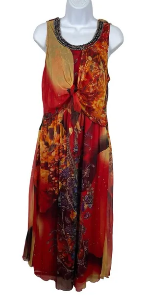 Bohemian Cafe Womens Boho Maxi Dress Paisley Floral Patchwork Beaded Neck M thumbnail 1
