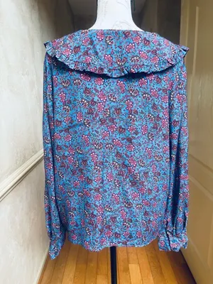 Mango NWT Floral Ruffle Peter Pan Collar Blouse 10 EcoVero Sustainable Boho Blue thumbnail 5
