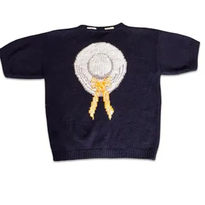 Vintage Eagles Eye Hat Motif Knit Cardigan Navy Yellow‎ Small Whimsical Cottage thumbnail 5