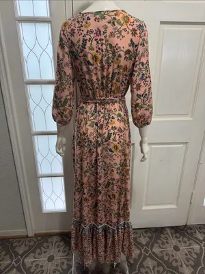 FARM Rio 100% Viscose Pink Floral Wrap Long Sleeve Maxi Dress Size Medium🌸💗 thumbnail 11