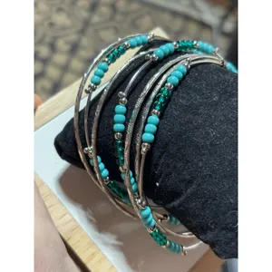 Silver & Turquoise Beaded Bangle Bracelets Set Of 6 thumbnail 5
