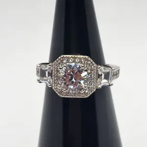 Sterling Silver Round Cubic Zirconia Halo Art Deco Ring (5) thumbnail 6