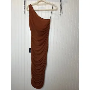 NWT Lulus Kiden Brown Mesh Ruched One-Shoulder Midi Dress Party Neutral Size XS thumbnail 5