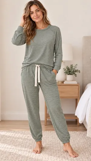Plain Jane Women Sage Green Striped Modal Fleece Lounge Set Top & Joggers Small thumbnail 1