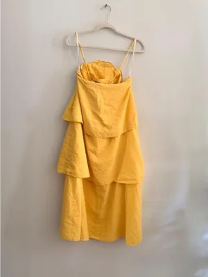Farm Rio 3D Floral Tiered Midi Dress Yellow Cutout Linen Blend thumbnail 4