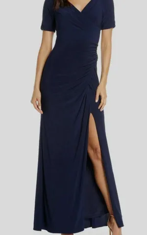 Adrianna Papell Navy Blue V Neck Short Sleeve Stretch Gown Size 4 Formal thumbnail 1