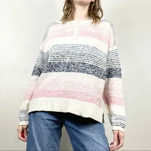 Chaps Pink & Blue Striped Henley Sweater thumbnail 3