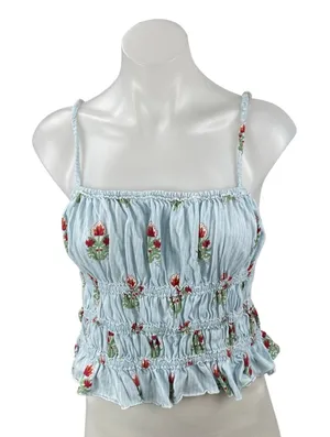 Free People We The Free Dolce Vita Blue Floral Ruffle Ruched Cami Tank Top Sz L thumbnail 1