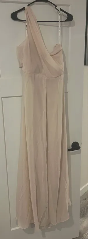Birdy Grey Champagne Bridesmaid Dress One-Shoulder Shiny Chiffron Kira Women’s M thumbnail 1