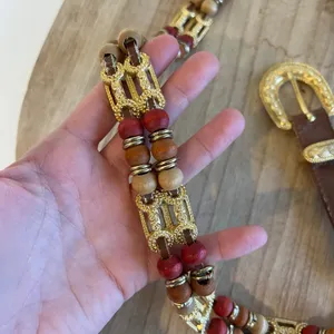 EXPRESS Vintage Brown Genuine Leather Beaded Weaved Link Gold Buckle Belt Size S/M thumbnail 5