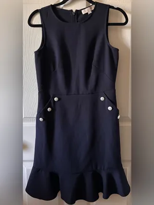 Ann Taylor LOFT Navy Blue Flounce Dress w/Faux Pearl Buttons Sz 0 Balletcore thumbnail 4