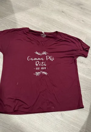 Burgundy Gamma Phi Beta v neck t shirt thumbnail 1