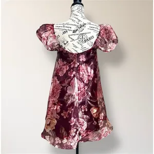 Lulus Red Floral Organza Mini Dress Puff Sleeve Rosette‎ Autumn Wedding Guest thumbnail 4