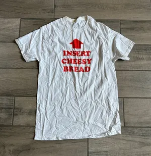 White Short Sleeve Tee with Red 'Insert Cheesy Bread' Graphic Size M thumbnail 1