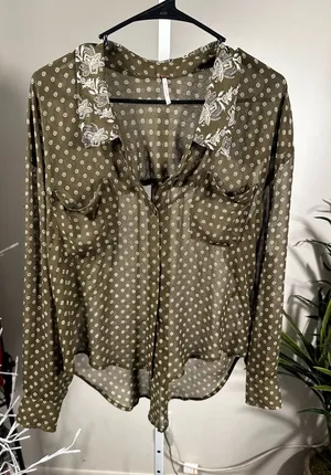 B69. Free People olive green button up blouse -oversized fit thumbnail 1