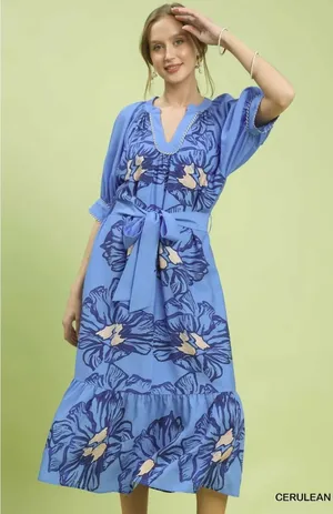 Umgee Floral Belted‎ Midi Dress - Cerulean - Small thumbnail 1