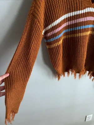 No Comment Distressed Oversized Sweater Brown Stripe Chunky Knit Size S thumbnail 3